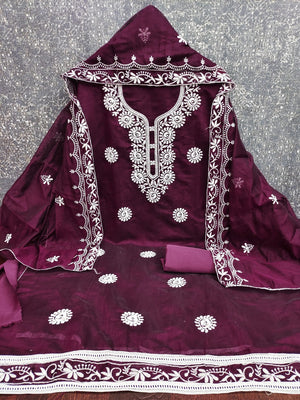Charming Wine Floral Thread Embroidered Work Chanderi Cotton Dress Material - Image 2