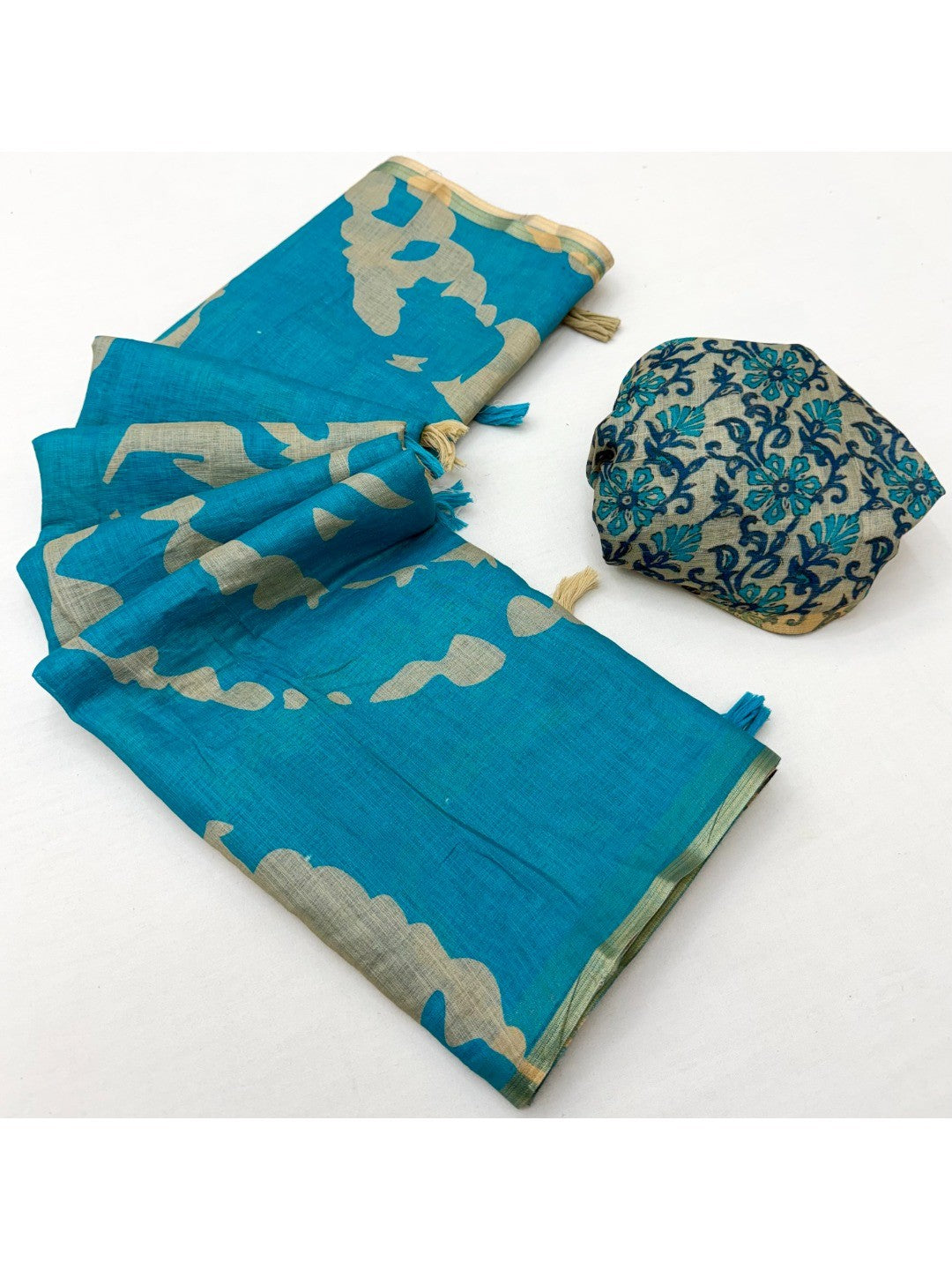 Elegant Sky Blue Abstract Print Linen Saree with Floral Blouse - Image 3