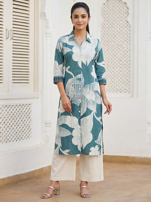 Elegant Blue Floral Printed Pure Cotton Top and Palazzo Set - Image 1