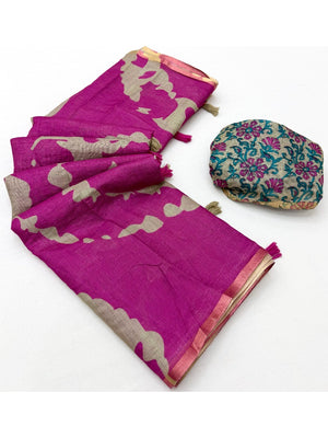 Elegant Magenta Abstract Print Linen Saree with Floral Blouse - Image 2
