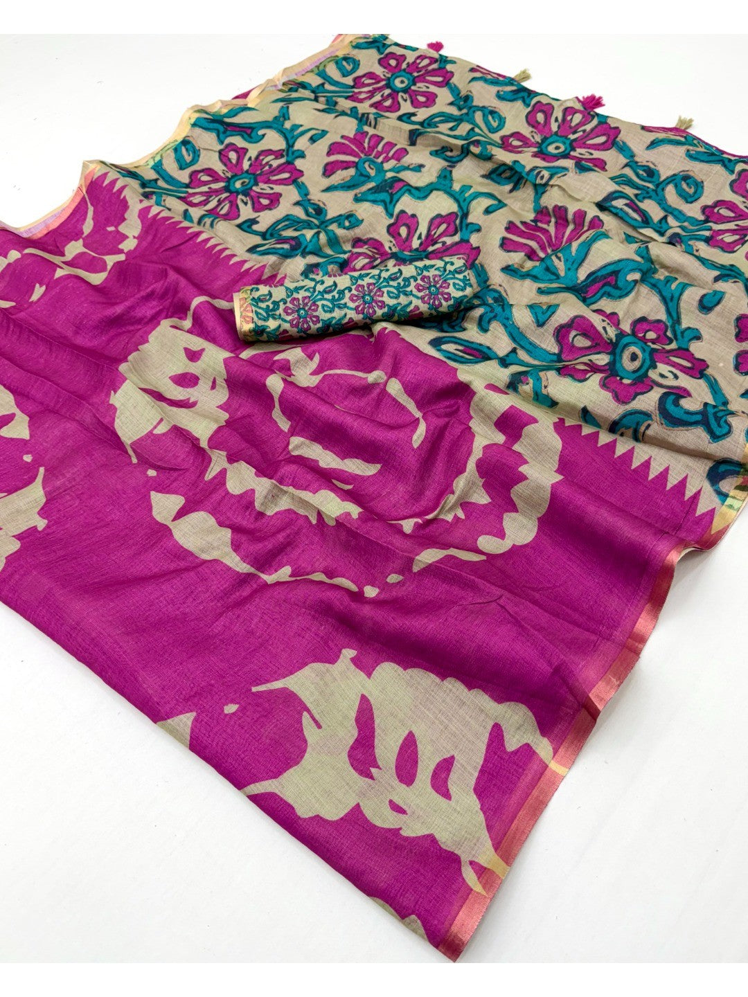 Elegant Magenta Abstract Print Linen Saree with Floral Blouse - Image 2
