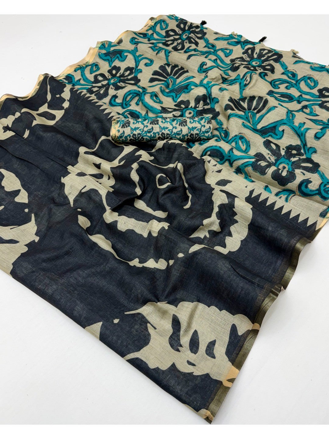 Elegant Black Abstract Print Linen Saree with Floral Blouse - Image 2