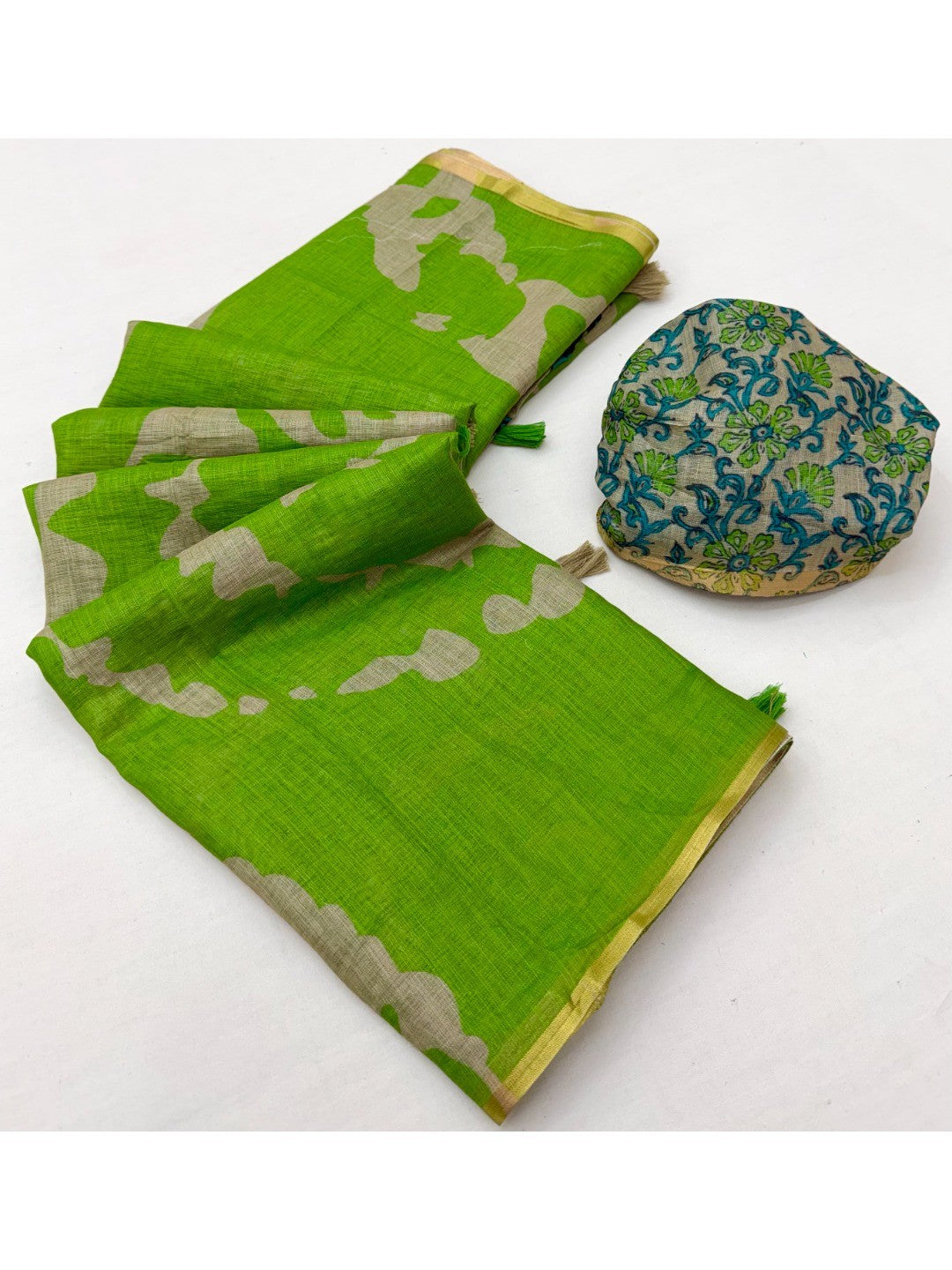 Elegant Green Abstract Print Linen Saree with Floral Blouse - Image 2
