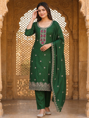 Charming Green Floral Embroidery With Sparkling Diamond Work Vichitra Silk Dress Material - Image 2
