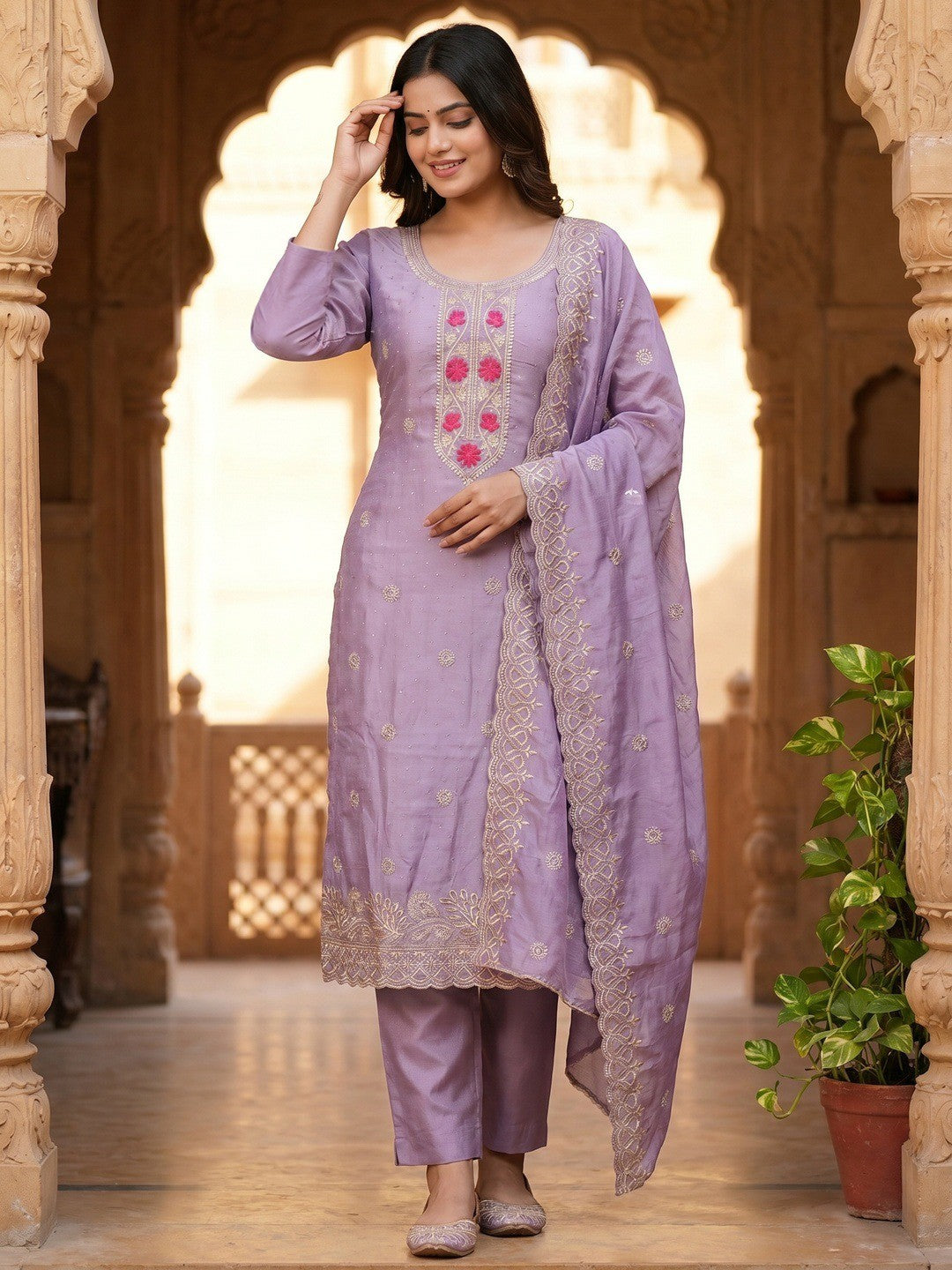 Charming Lavender Floral Embroidery With Sparkling Diamond Work Vichitra Silk Dress Material - Image 2