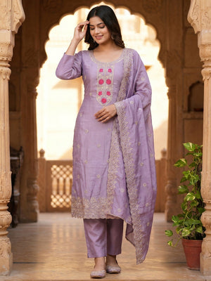 Charming Lavender Floral Embroidery With Sparkling Diamond Work Vichitra Silk Dress Material - Image 2
