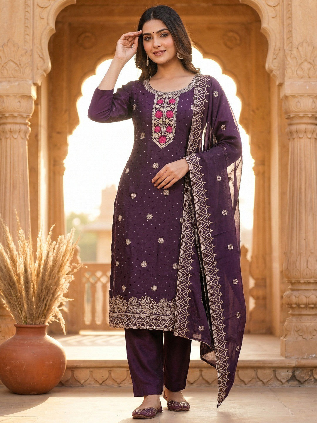 Charming Purple Floral Embroidery With Sparkling Diamond Work Vichitra Silk Dress Material - Image 2