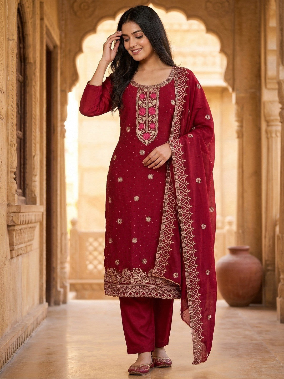 Charming Red Floral Embroidery With Sparkling Diamond Work Vichitra Silk Dress Material - Image 2