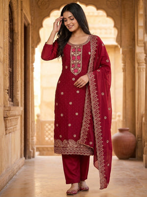 Charming Red Floral Embroidery With Sparkling Diamond Work Vichitra Silk Dress Material - Image 2
