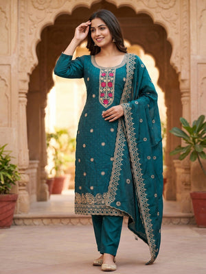 Charming Teal Floral Embroidery With Sparkling Diamond Work Vichitra Silk Dress Material - Image 2