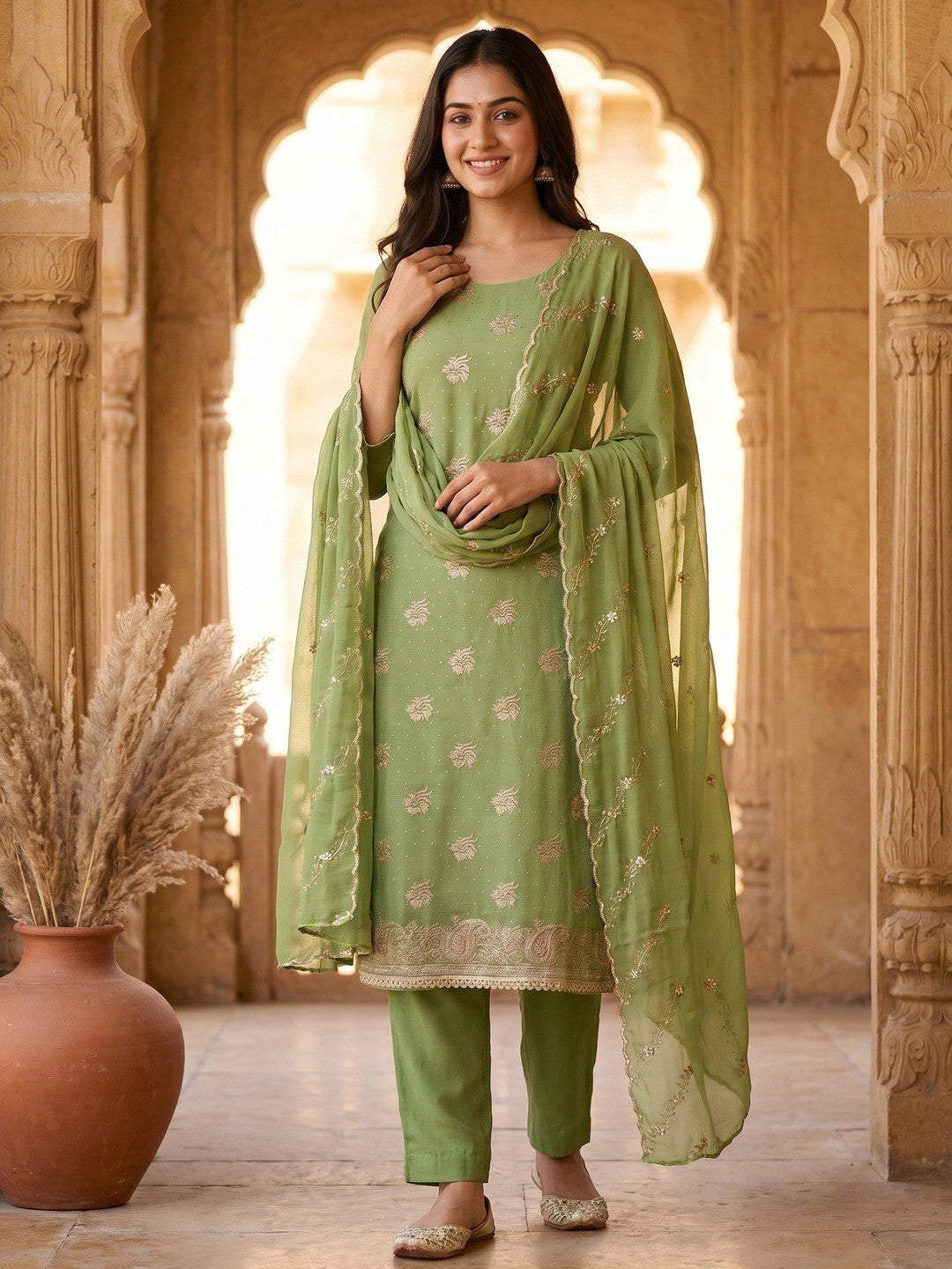 Stunning Green Floral Embroidery With Diamond Work Georgette Dress Material - Image 2