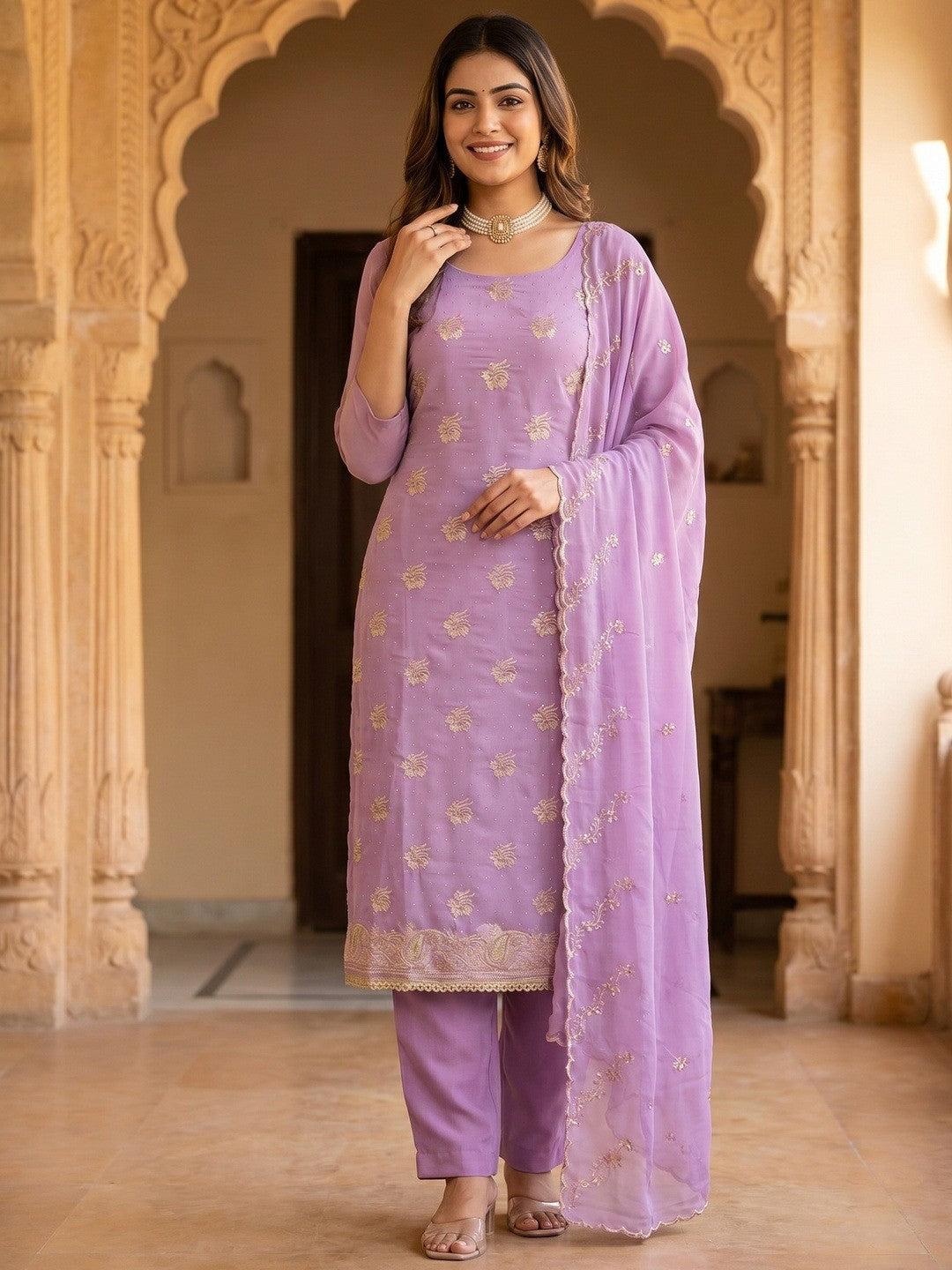 Stunning Lavender Floral Embroidery With Diamond Work Georgette Dress Material - Image 2