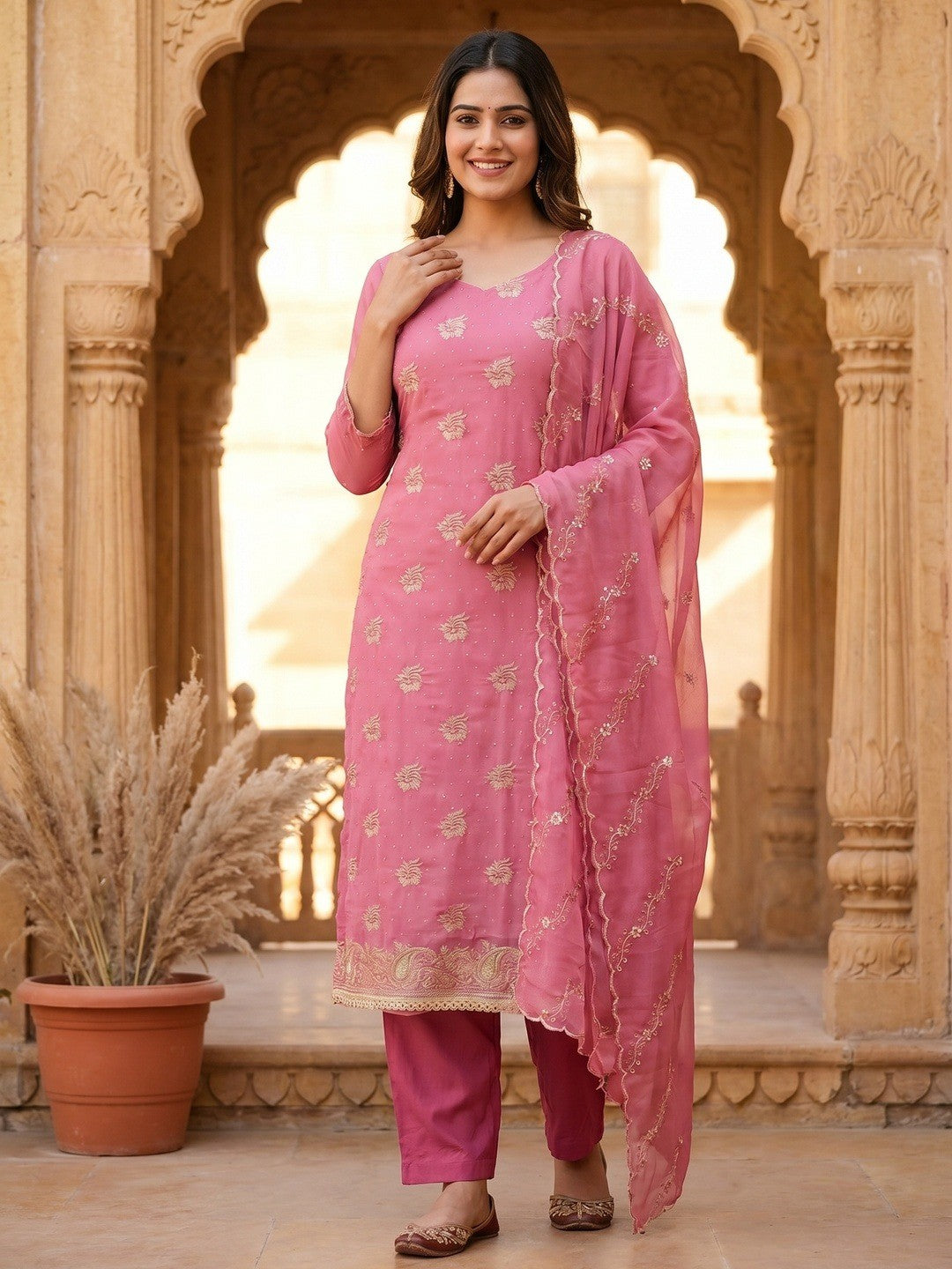 Stunning Pink Floral Embroidery With Diamond Work Georgette Dress Material - Image 2