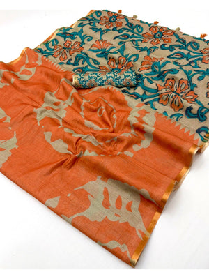 Elegant Orange Abstract Print Linen Saree with Floral Blouse - Image 2