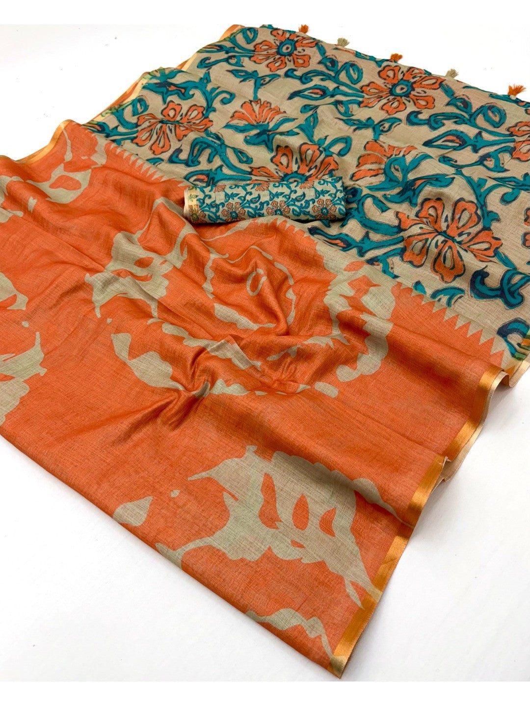 Elegant Orange Abstract Print Linen Saree with Floral Blouse - Image 3