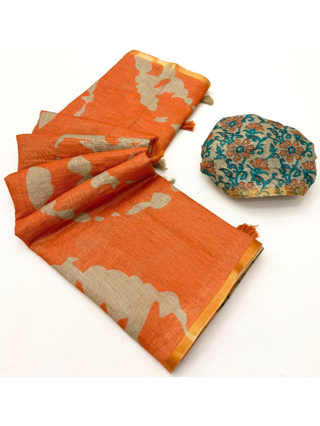 Elegant Orange Abstract Print Linen Saree with Floral Blouse - Image 2