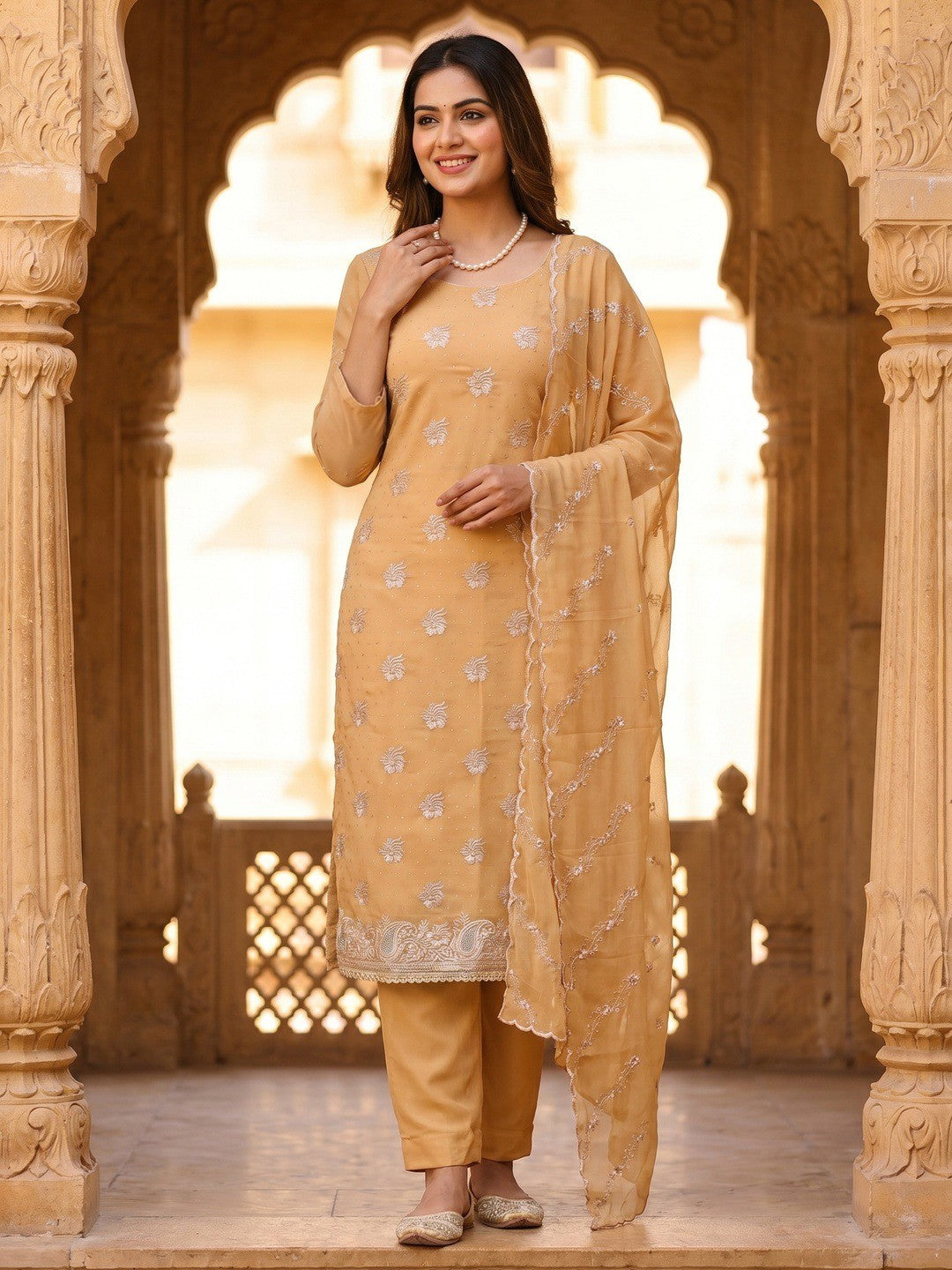 Stunning Chikoo Floral Embroidery With Diamond Work Georgette Dress Material - Image 2