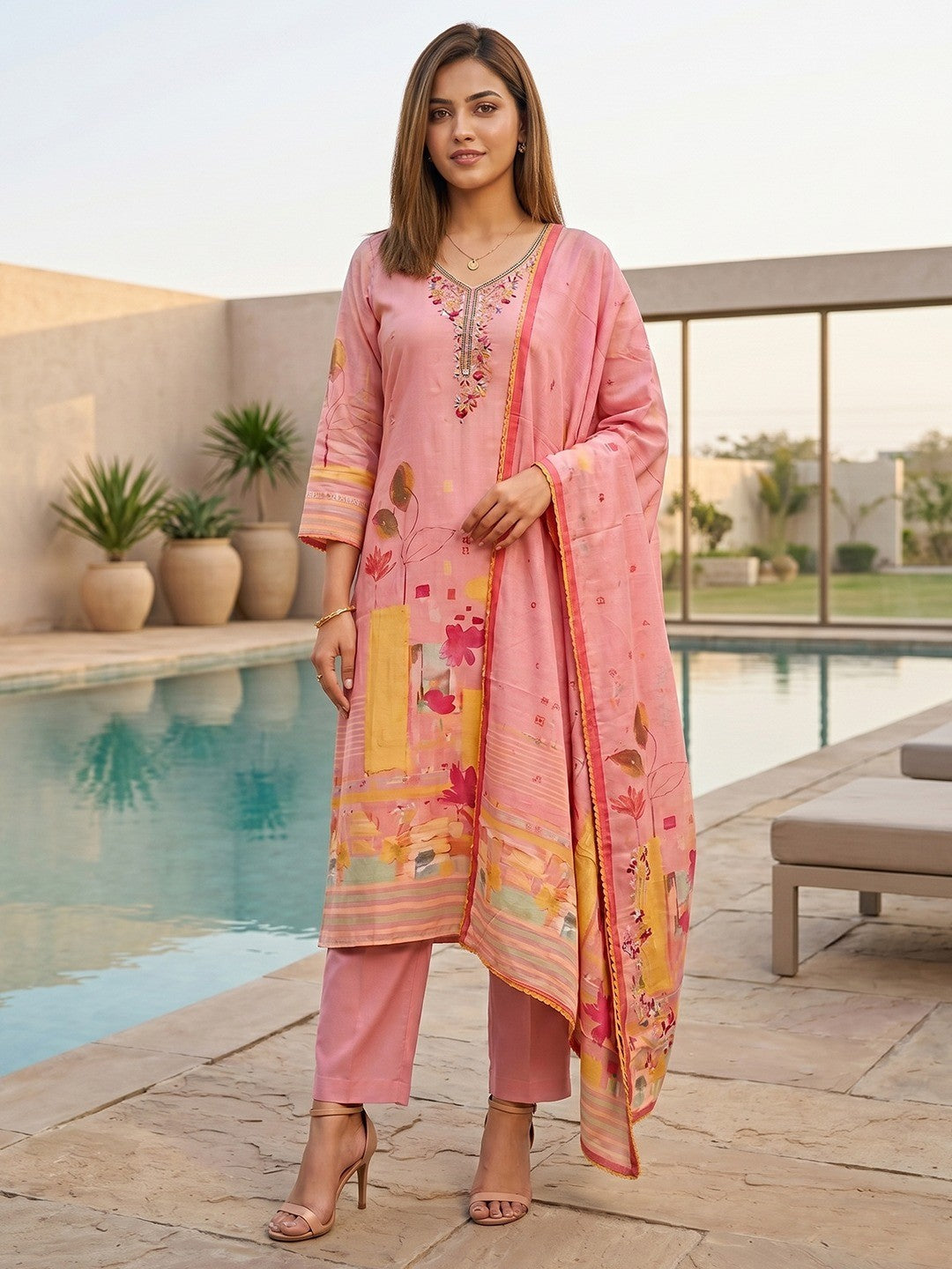Peach Floral Printed Rayon Straight Cut Salwar Suit with Dupatta - Image 1
