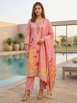 Peach Floral Printed Rayon Straight Cut Salwar Suit with Dupatta - Image 1
