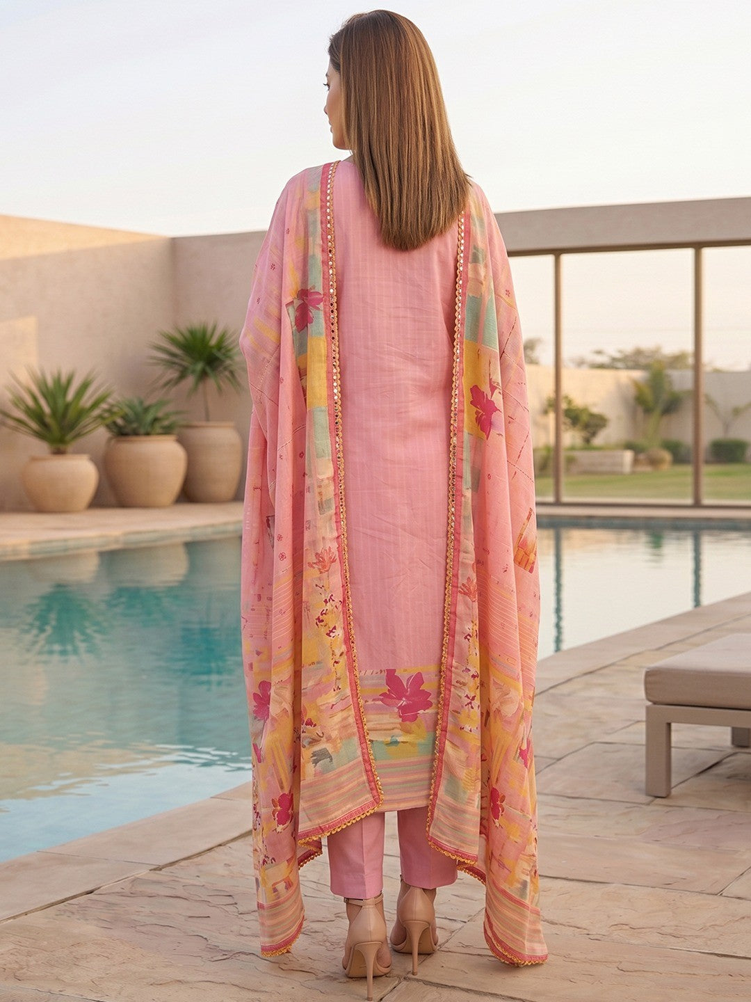 Peach Floral Printed Rayon Straight Cut Salwar Suit with Dupatta - Image 3