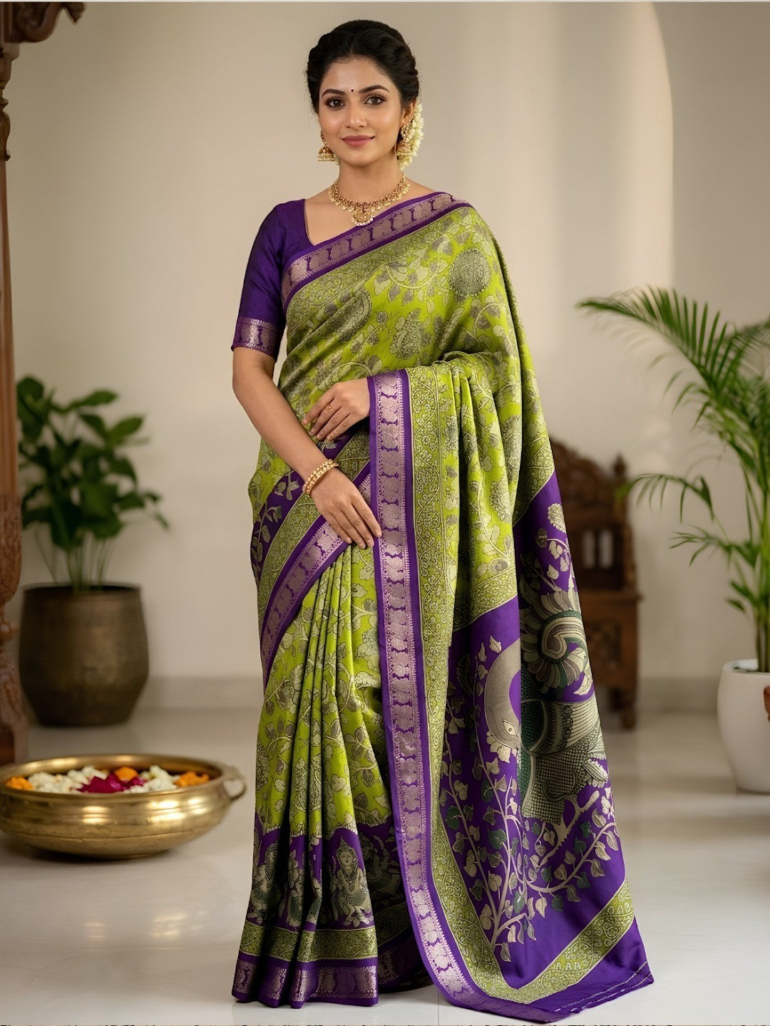 Elegant Green Mulmul Cotton Saree with Traditional Floral Print - Image 1