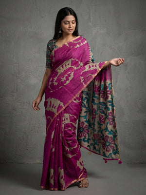 Elegant Magenta Abstract Print Linen Saree with Floral Blouse - Image 1