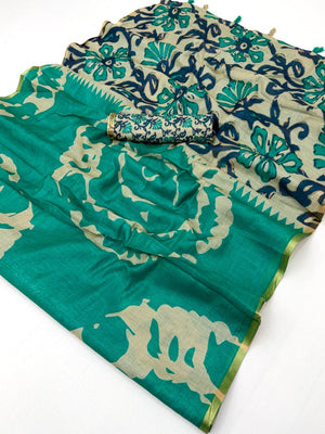 Elegant Turquoise Abstract Print Linen Saree with Floral Blouse - Image 2