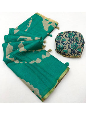 Elegant Turquoise Abstract Print Linen Saree with Floral Blouse - Image 2