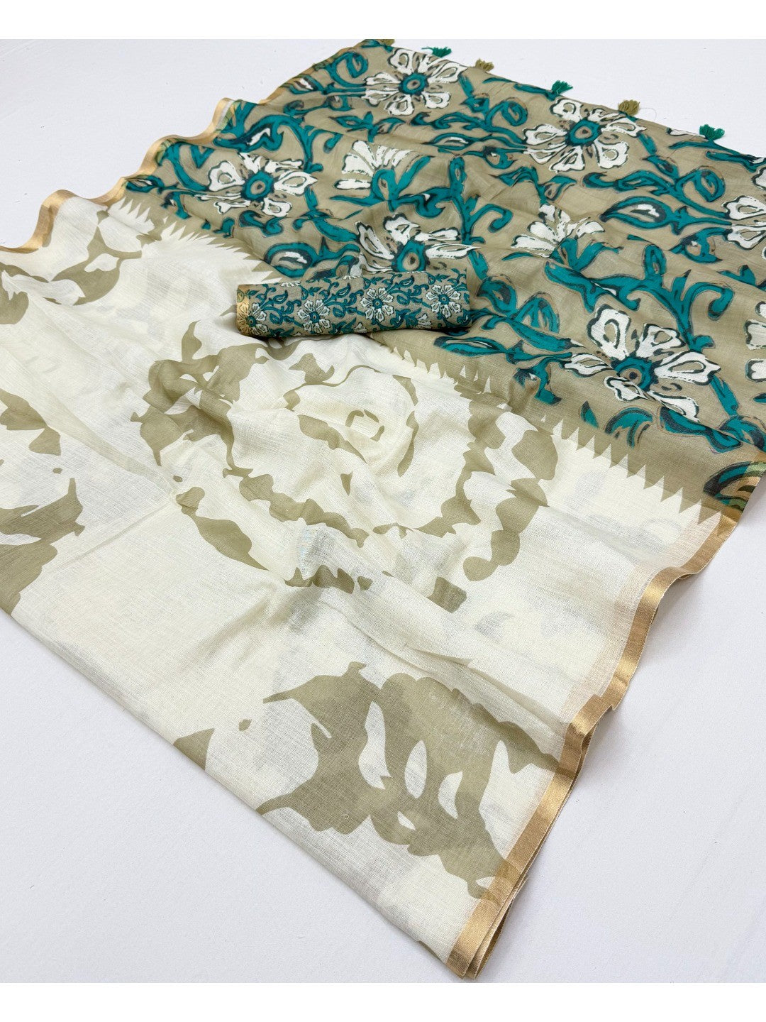 Elegant White Abstract Print Linen Saree with Floral Blouse - Image 3