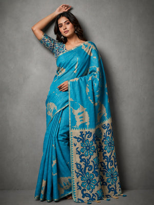 Elegant Sky Blue Abstract Print Linen Saree with Floral Blouse - Image 1
