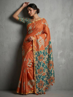 Elegant Orange Abstract Print Linen Saree with Floral Blouse - Image 1