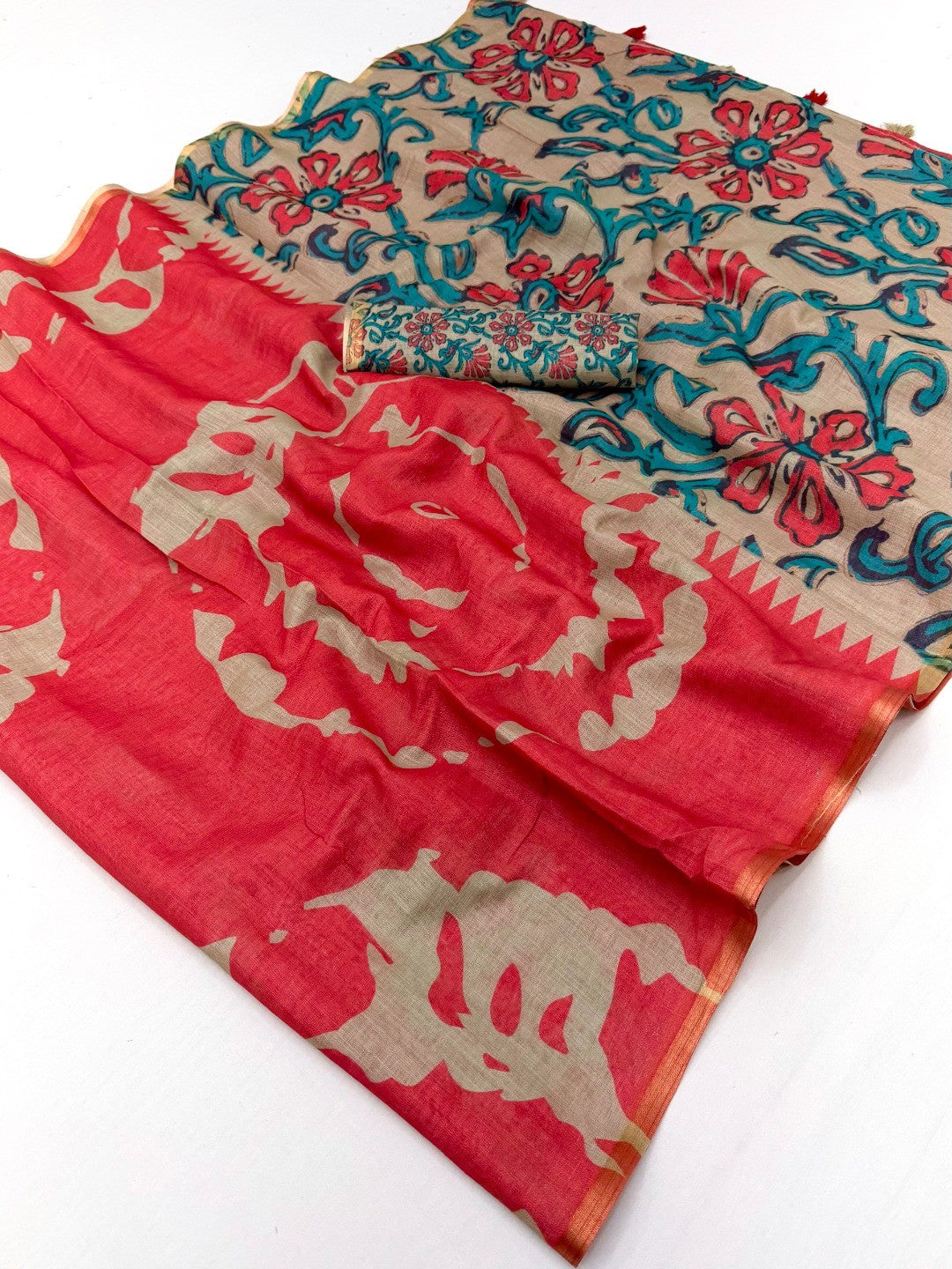 Elegant Peach Abstract Print Linen Saree with Floral Blouse - Image 2