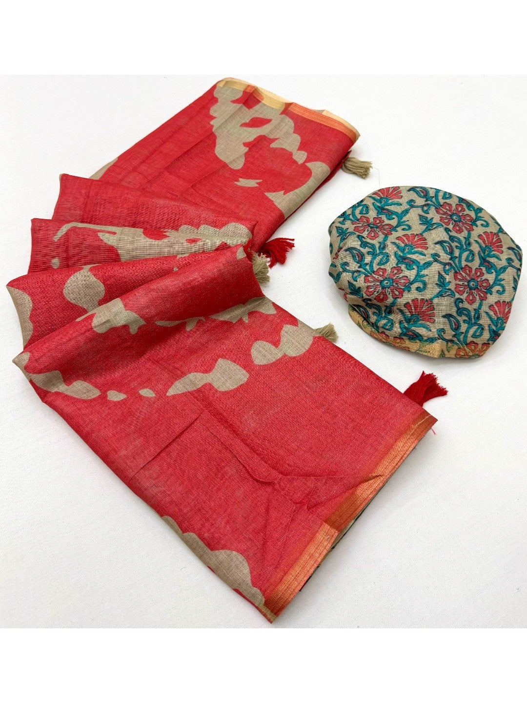 Elegant Peach Abstract Print Linen Saree with Floral Blouse - Image 3