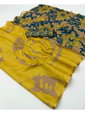Elegant Yellow Abstract Print Linen Saree with Floral Blouse - Image 2