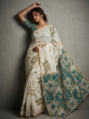 Elegant White Abstract Print Linen Saree with Floral Blouse - Image 1