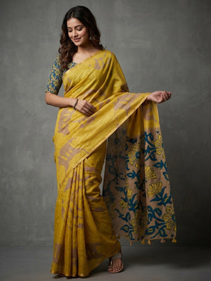 Elegant Yellow Abstract Print Linen Saree with Floral Blouse - Image 1