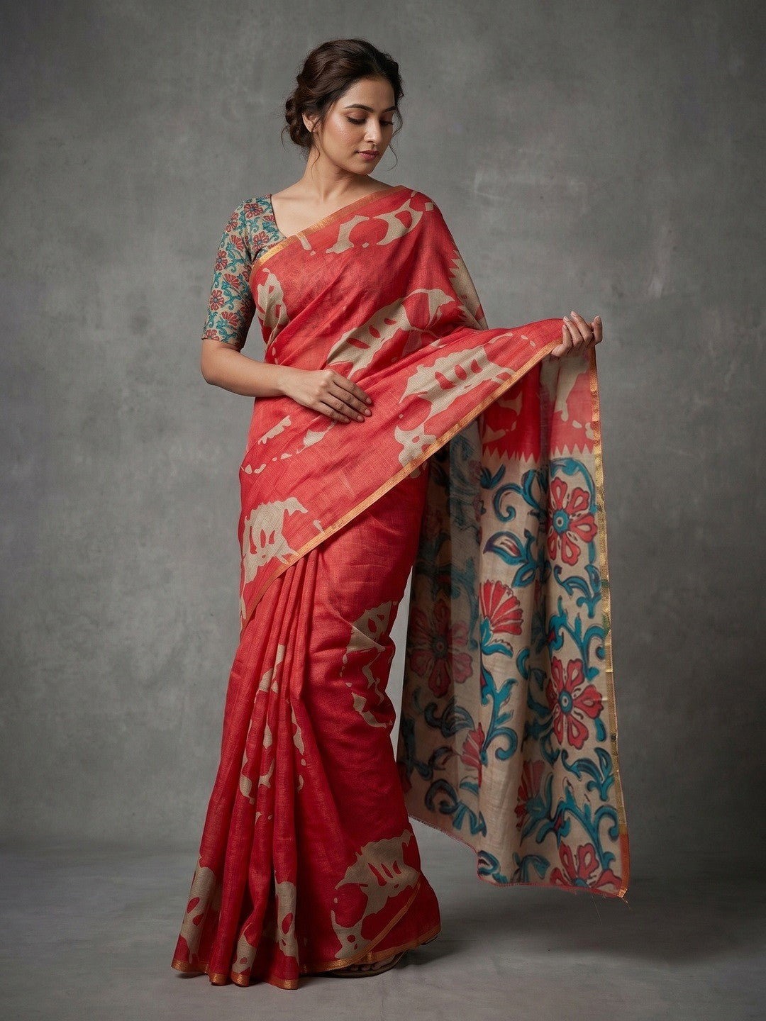 Elegant Peach Abstract Print Linen Saree with Floral Blouse - Image 1