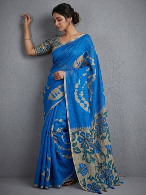 Elegant Blue Abstract Print Linen Saree with Floral Blouse - Image 1