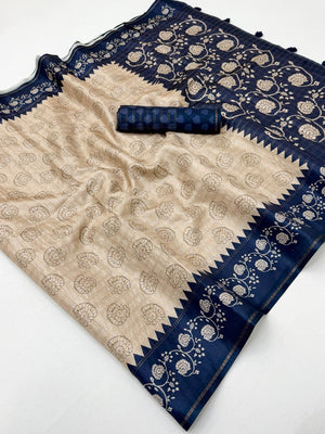 Elegant Beige Tussar Silk Saree with Floral Print and Blue Border - Image 2