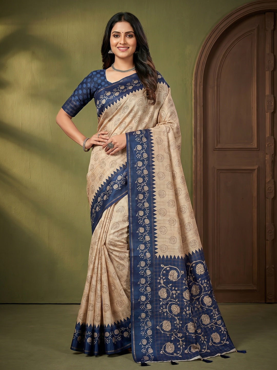 Elegant Beige Tussar Silk Saree with Floral Print and Blue Border - Image 1