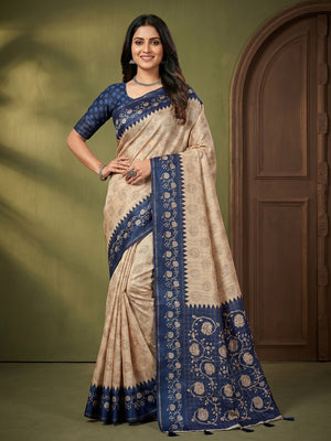 Elegant Beige Tussar Silk Saree with Floral Print and Blue Border - Image 1