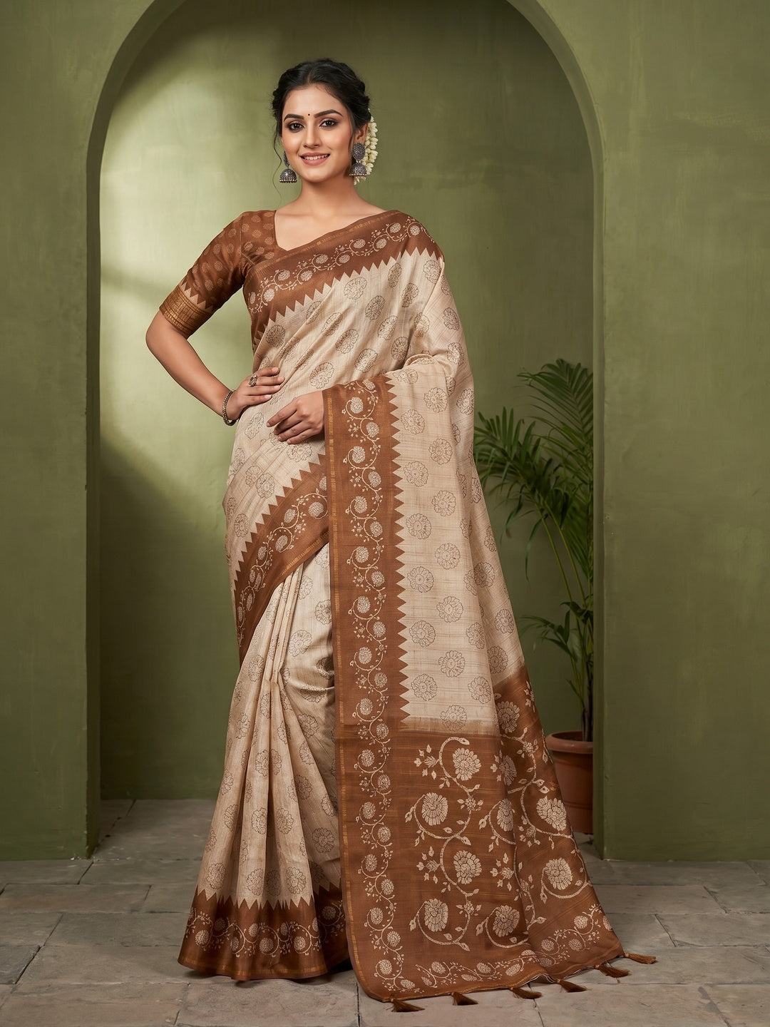 Elegant Beige Tussar Silk Saree with Floral Print and Brown Border - Image 1