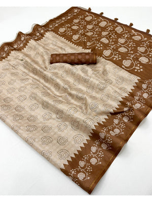 Elegant Beige Tussar Silk Saree with Floral Print and Brown Border - Image 2