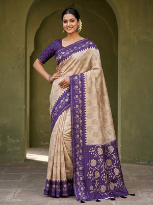 Elegant Beige Tussar Silk Saree with Floral Print and Violet Border - Image 1