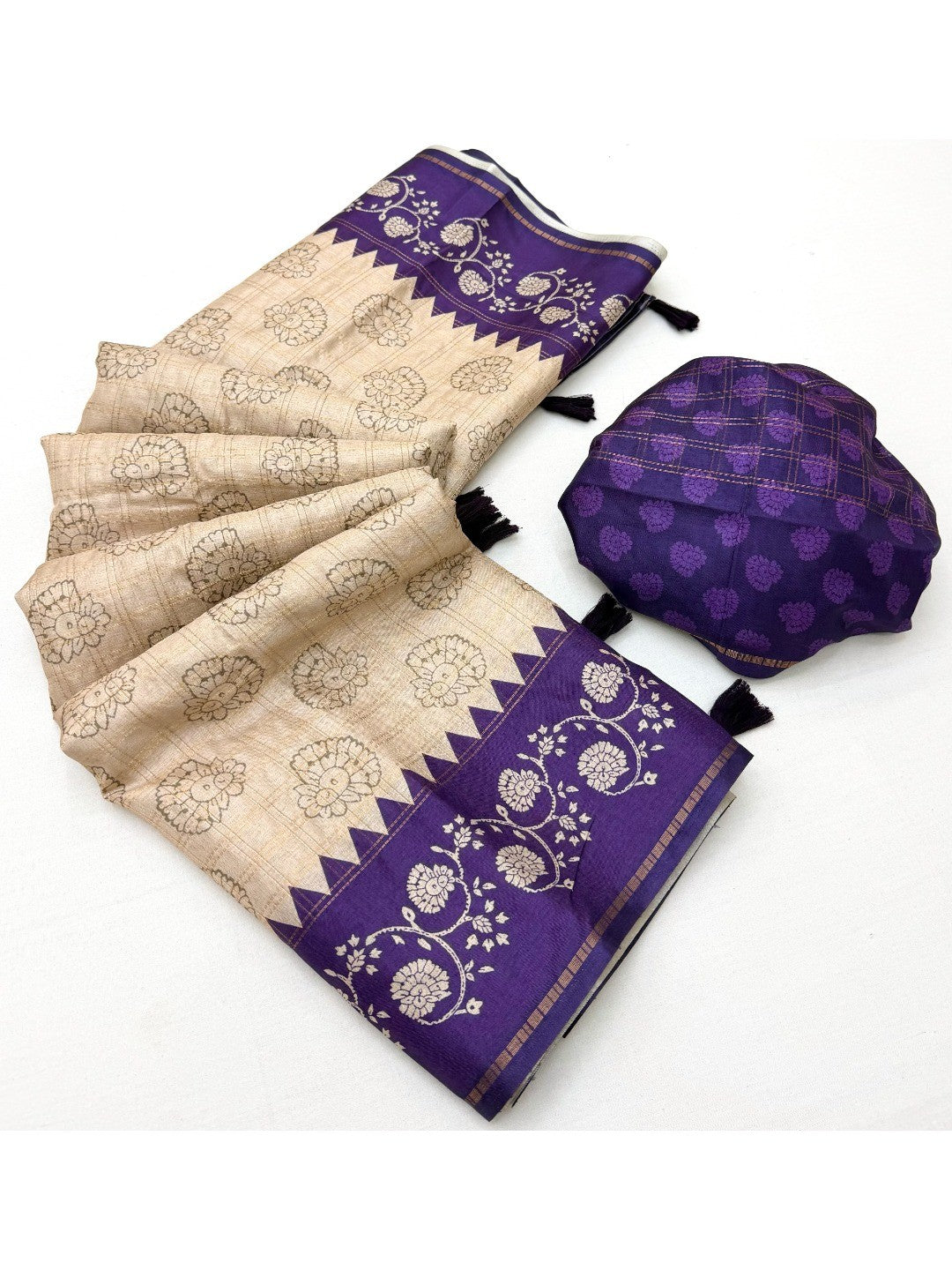 Elegant Beige Tussar Silk Saree with Floral Print and Violet Border - Image 3