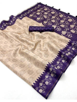 Elegant Beige Tussar Silk Saree with Floral Print and Violet Border - Image 2