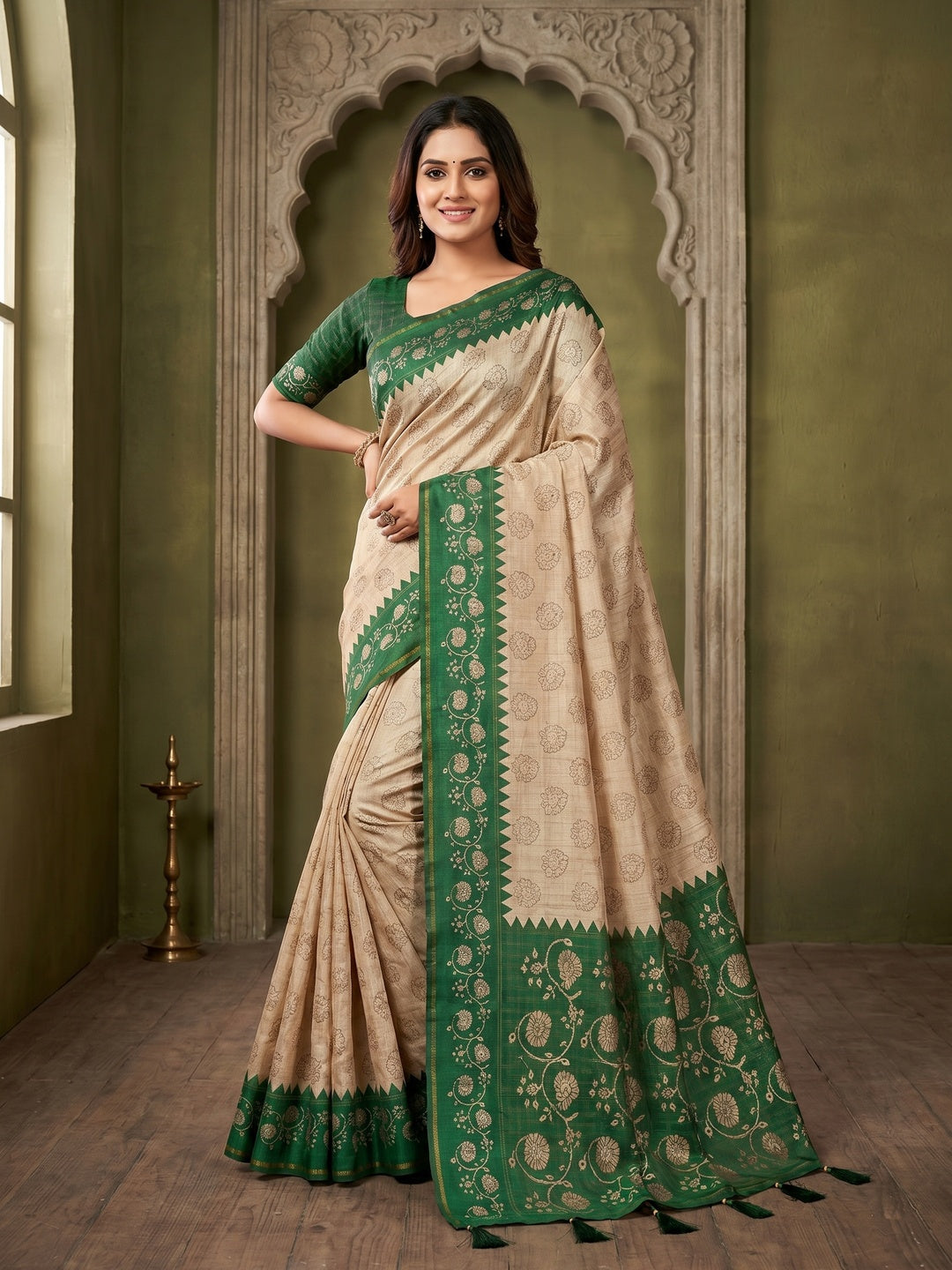 Elegant Beige Tussar Silk Saree with Floral Print and Green Border - Image 1