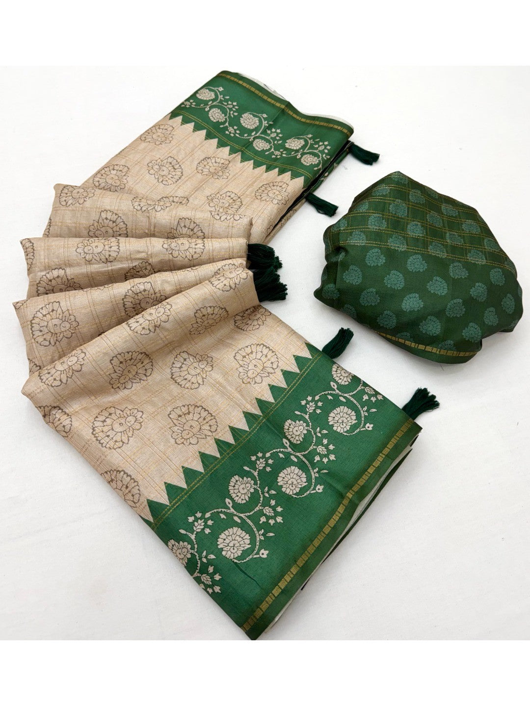 Elegant Beige Tussar Silk Saree with Floral Print and Green Border - Image 3