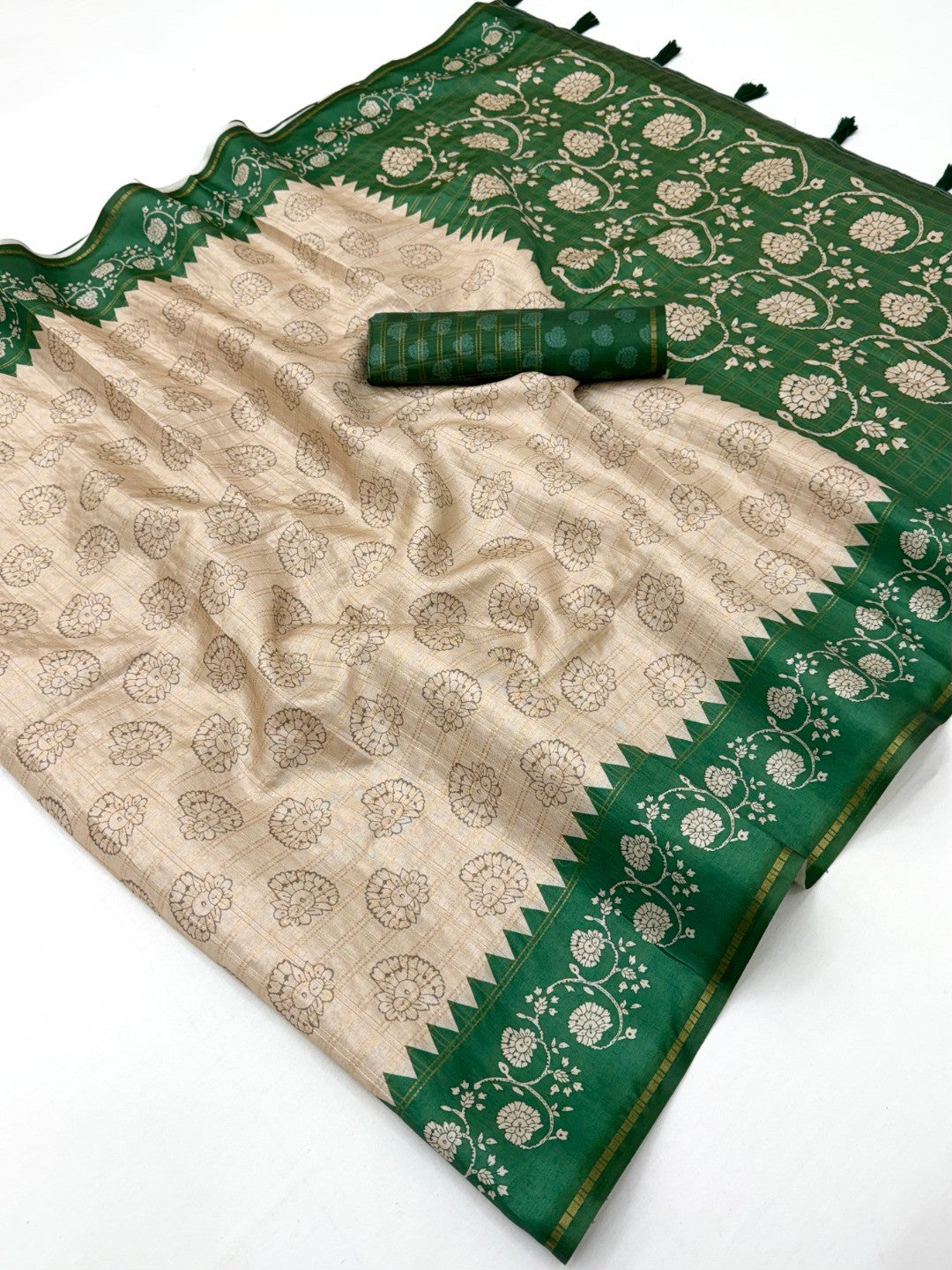 Elegant Beige Tussar Silk Saree with Floral Print and Green Border - Image 2