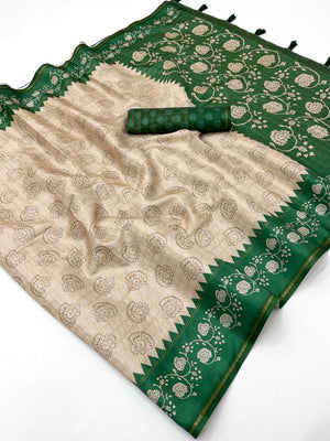 Elegant Beige Tussar Silk Saree with Floral Print and Green Border - Image 2